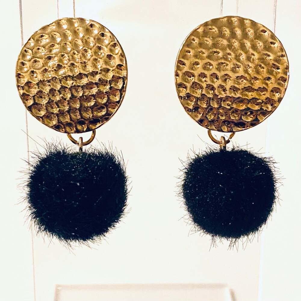 Gold Disc with Wool Ball Earrings